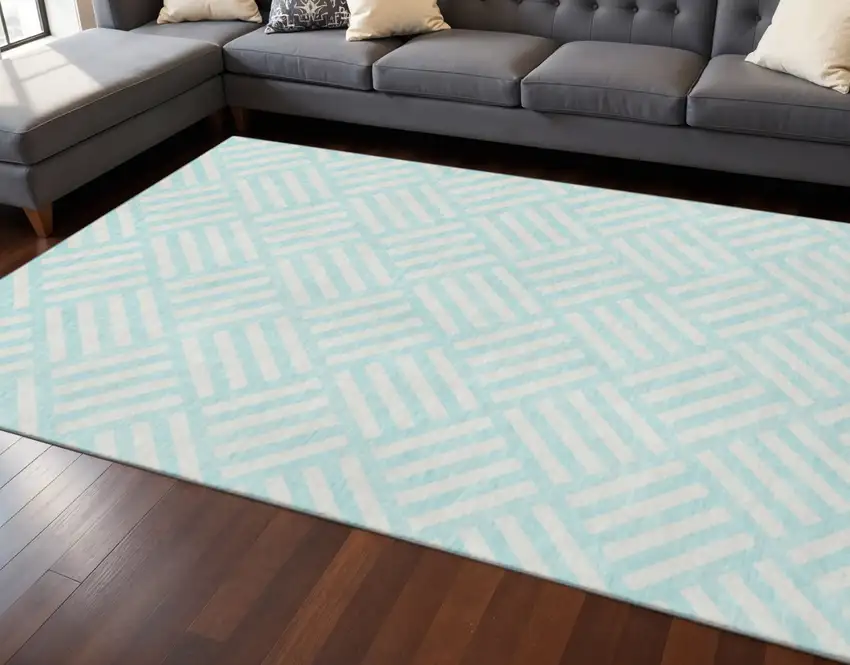 Aqua And Ivory Geometric Washable Area Rug With UV Protection Photo 2