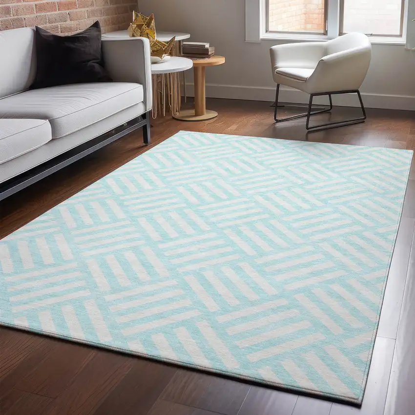 Aqua And Ivory Geometric Washable Area Rug With UV Protection Photo 5