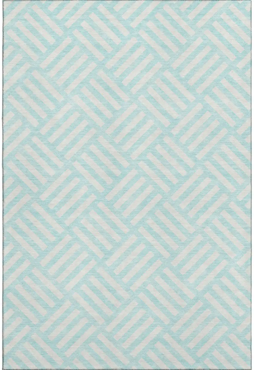 Aqua And Ivory Geometric Washable Area Rug With UV Protection Photo 1