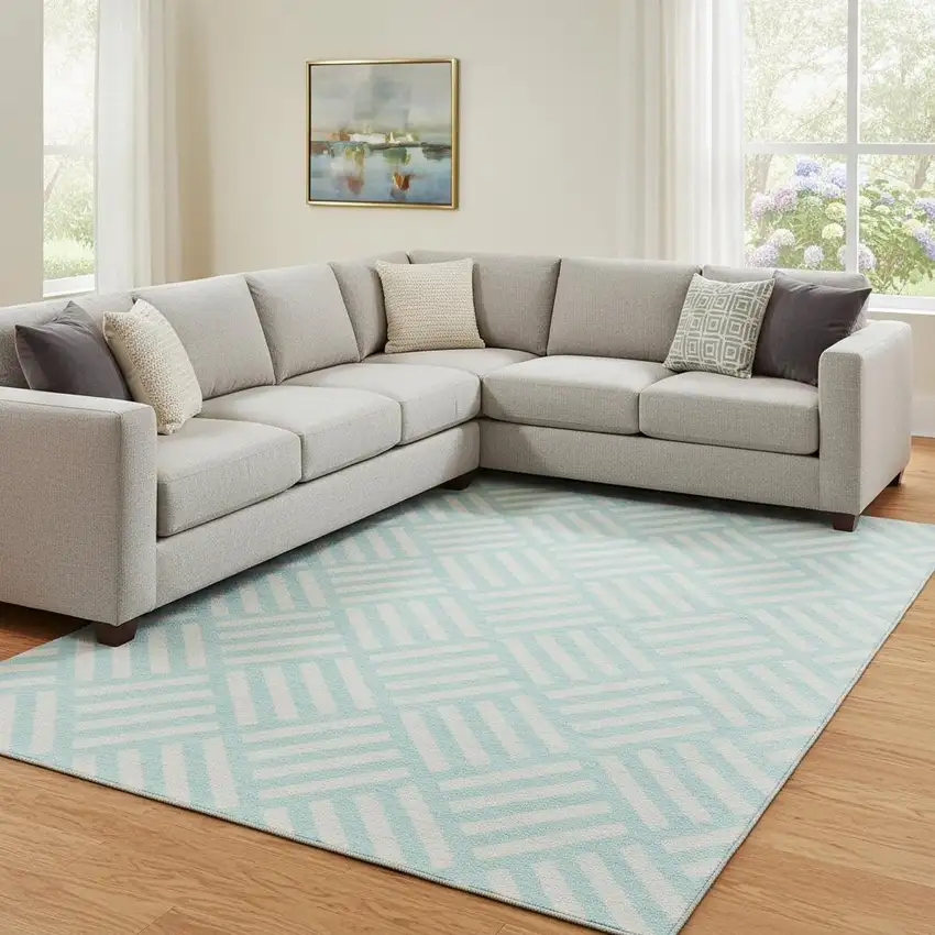Aqua And Ivory Geometric Washable Area Rug With UV Protection Photo 1