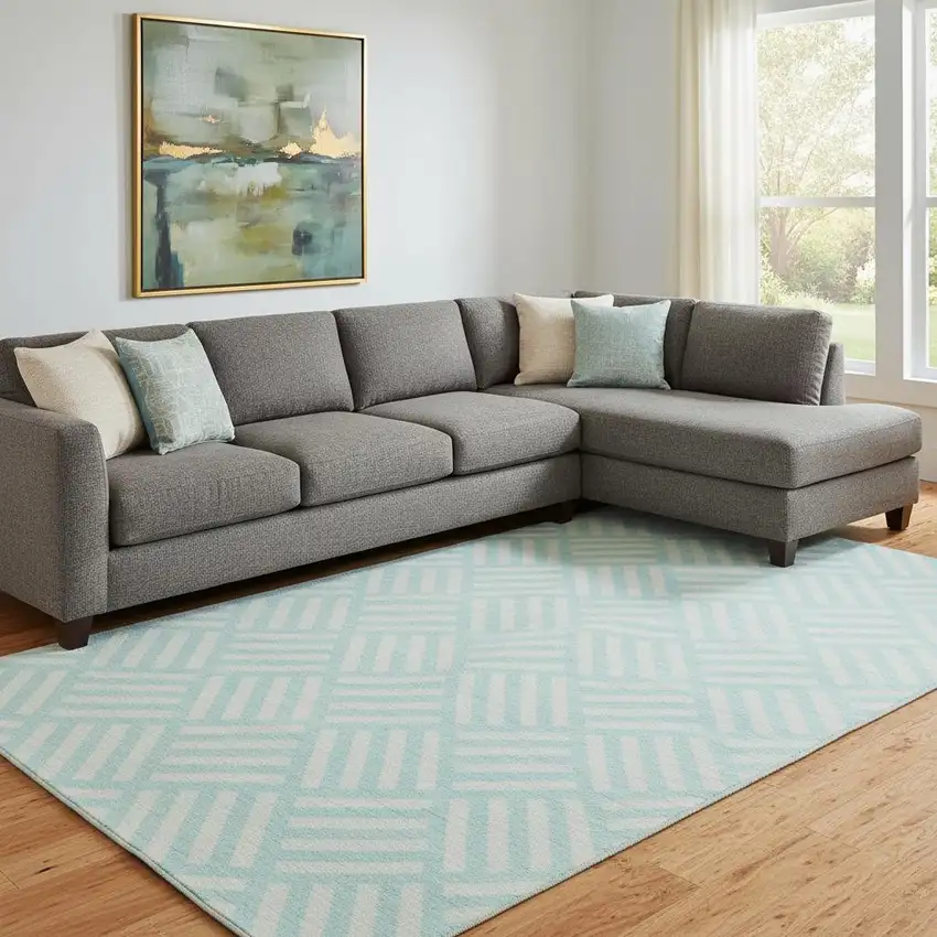 Aqua And Ivory Geometric Washable Area Rug With UV Protection Photo 1