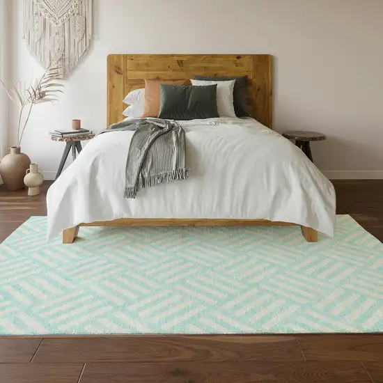 Aqua And Ivory Geometric Washable Area Rug With UV Protection Photo 6