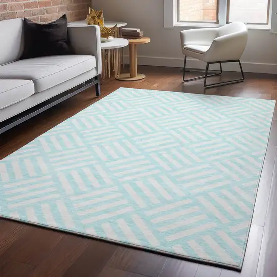Aqua And Ivory Geometric Washable Area Rug With UV Protection Photo 5