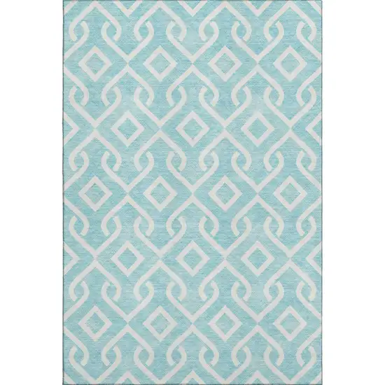 Aqua And Ivory Geometric Washable Area Rug With UV Protection Photo 1