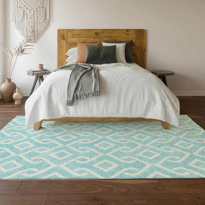 Aqua And Ivory Geometric Washable Area Rug With UV Protection Photo 6