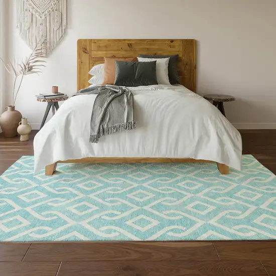 Aqua And Ivory Geometric Washable Area Rug With UV Protection Photo 6