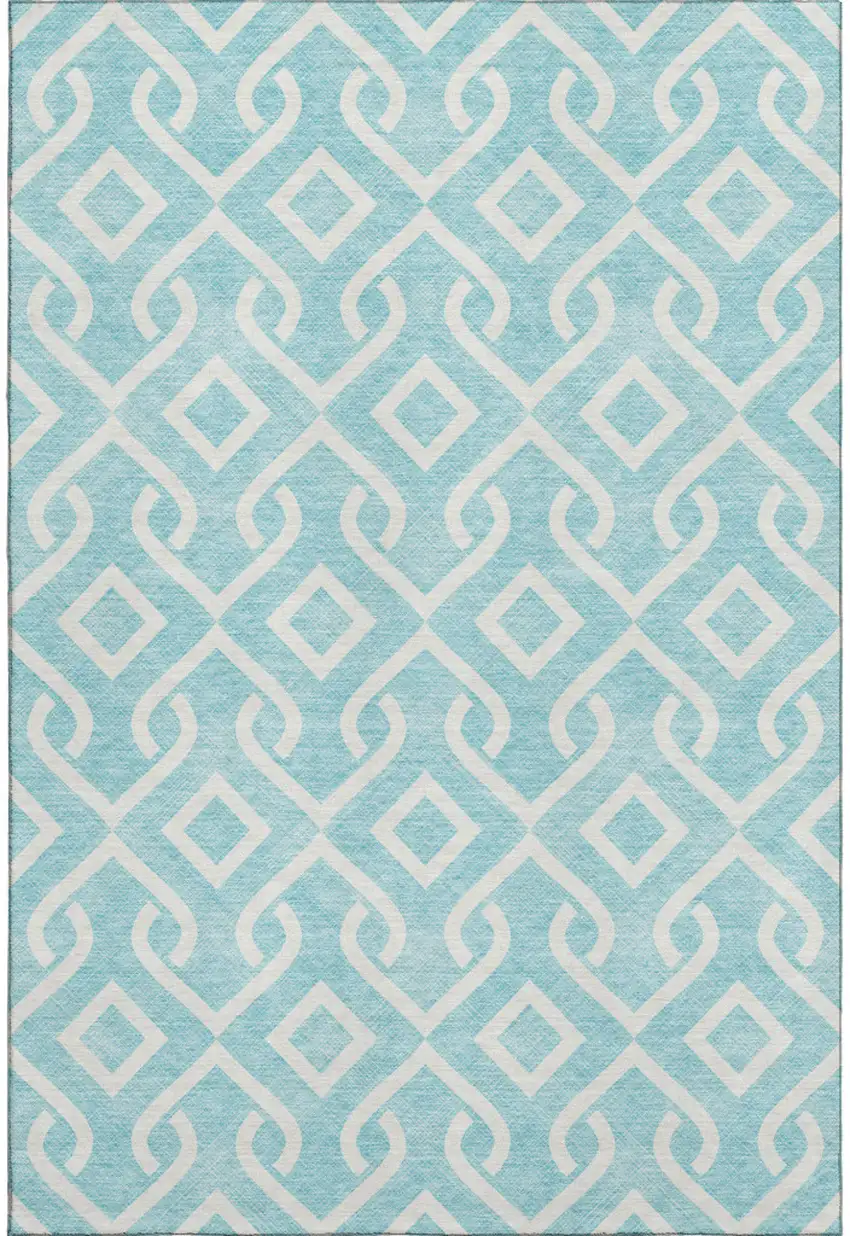 Aqua And Ivory Geometric Washable Area Rug With UV Protection Photo 1
