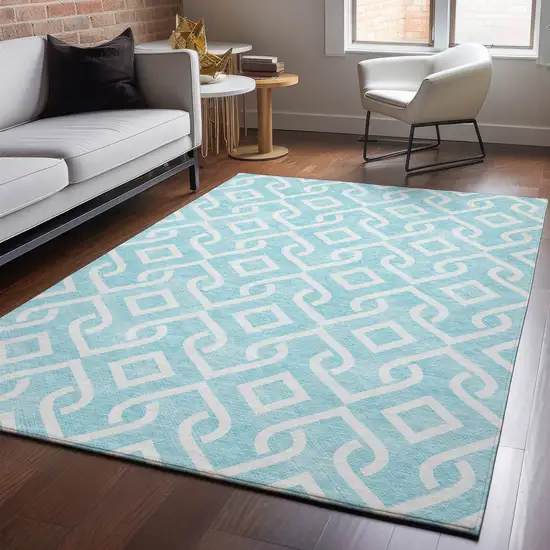 Aqua And Ivory Geometric Washable Area Rug With UV Protection Photo 5