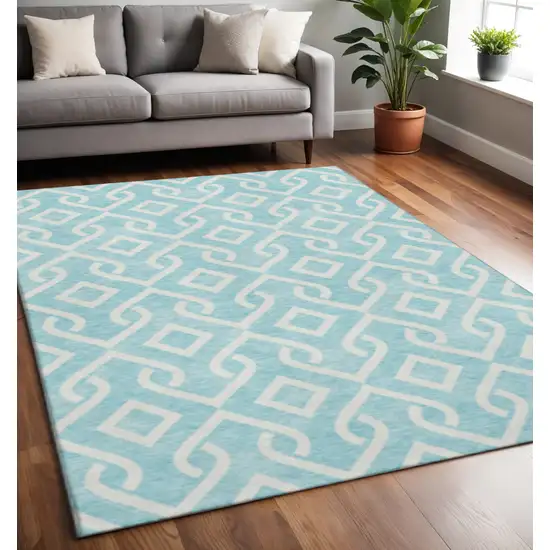 Aqua And Ivory Geometric Washable Area Rug With UV Protection Photo 2