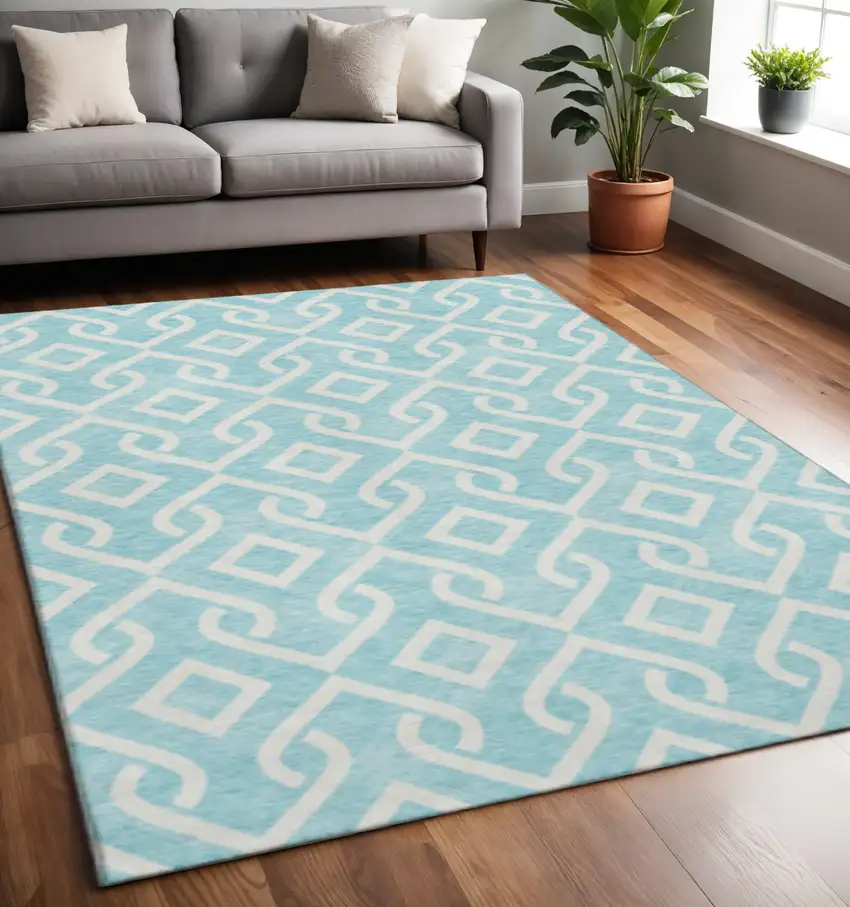 Aqua And Ivory Geometric Washable Area Rug With UV Protection Photo 2