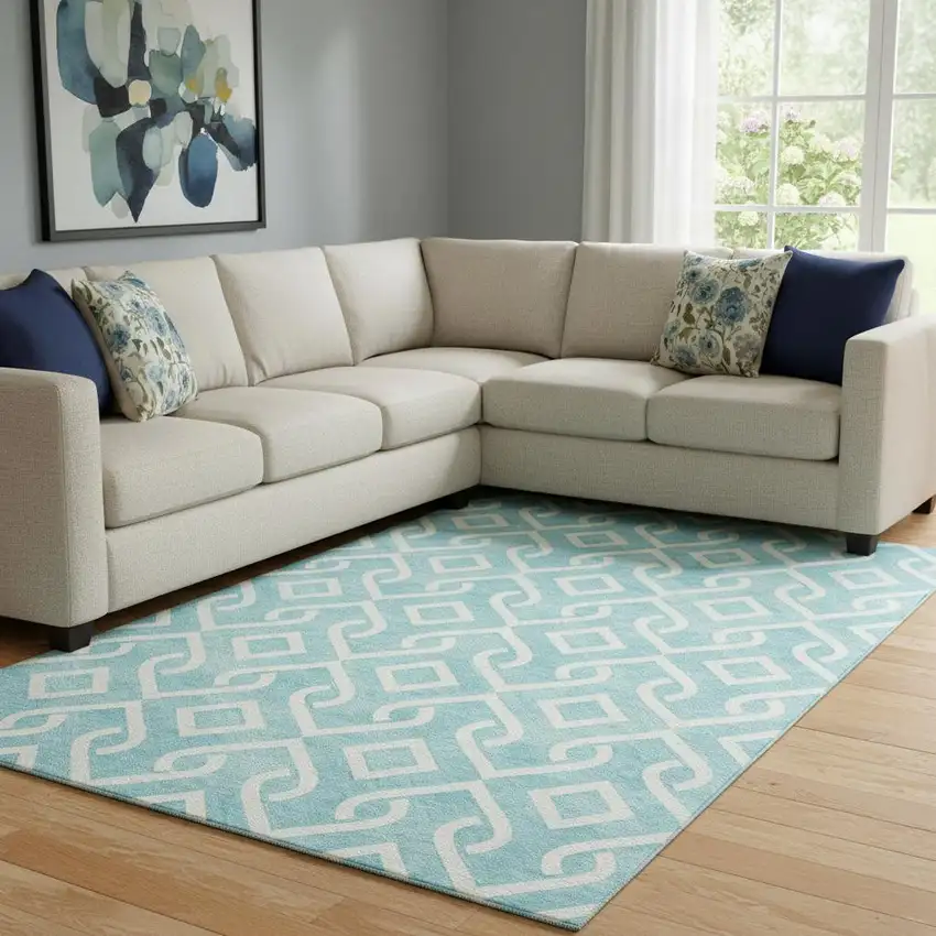 Aqua And Ivory Geometric Washable Area Rug With UV Protection Photo 1