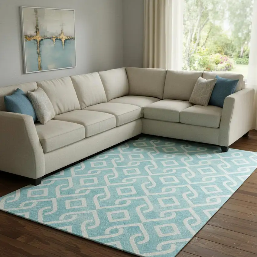 Aqua And Ivory Geometric Washable Area Rug With UV Protection Photo 1