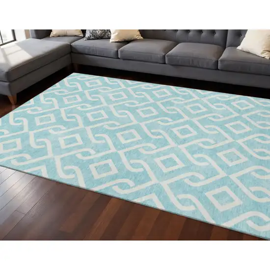 Aqua And Ivory Geometric Washable Area Rug With UV Protection Photo 2