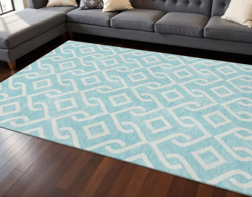 Aqua And Ivory Geometric Washable Area Rug With UV Protection Photo 2