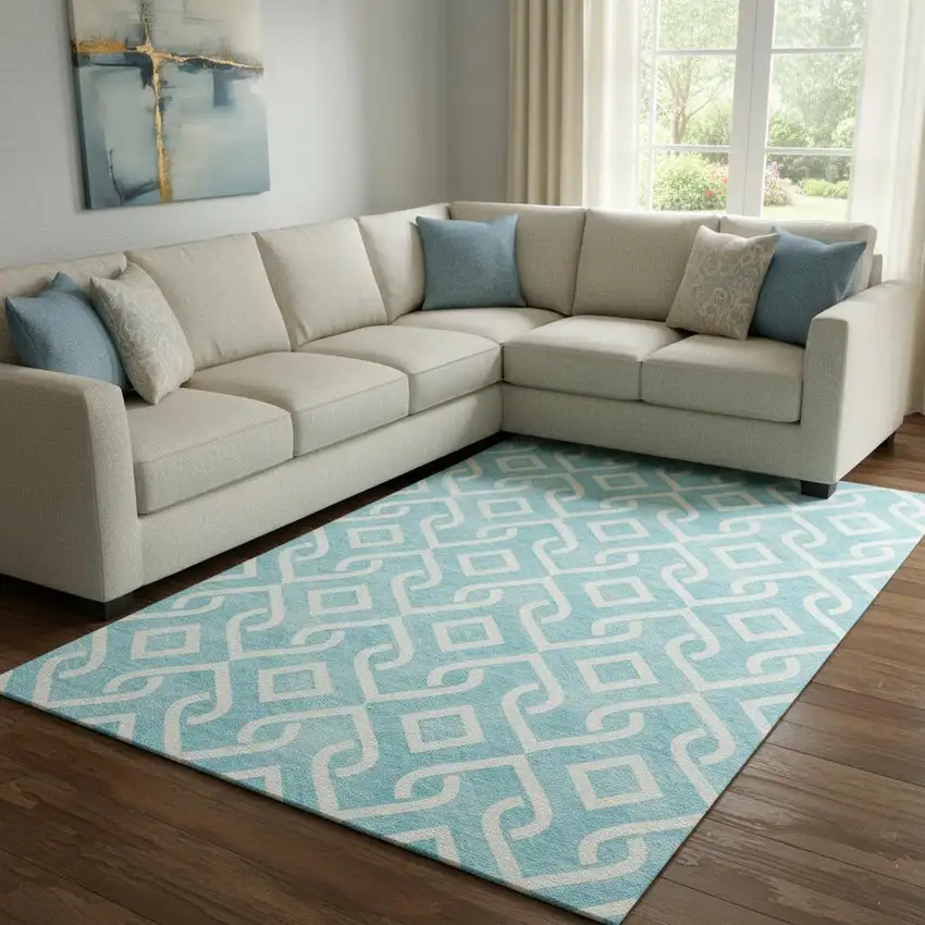 Aqua And Ivory Geometric Washable Area Rug With UV Protection Photo 1