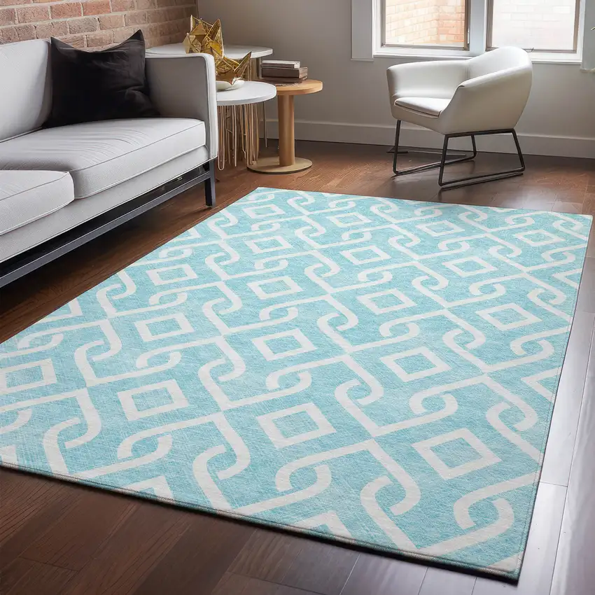 Aqua And Ivory Geometric Washable Area Rug With UV Protection Photo 5