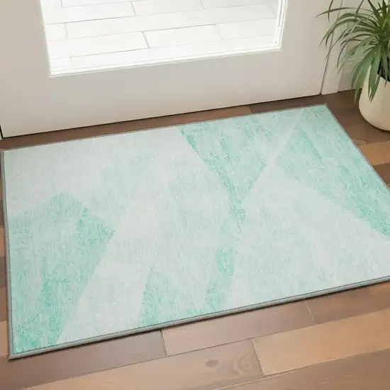 Aqua And Ivory Geometric Washable Area Rug With UV Protection Photo 2