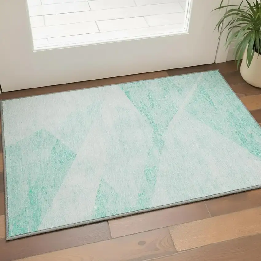 Aqua And Ivory Geometric Washable Area Rug With UV Protection Photo 2