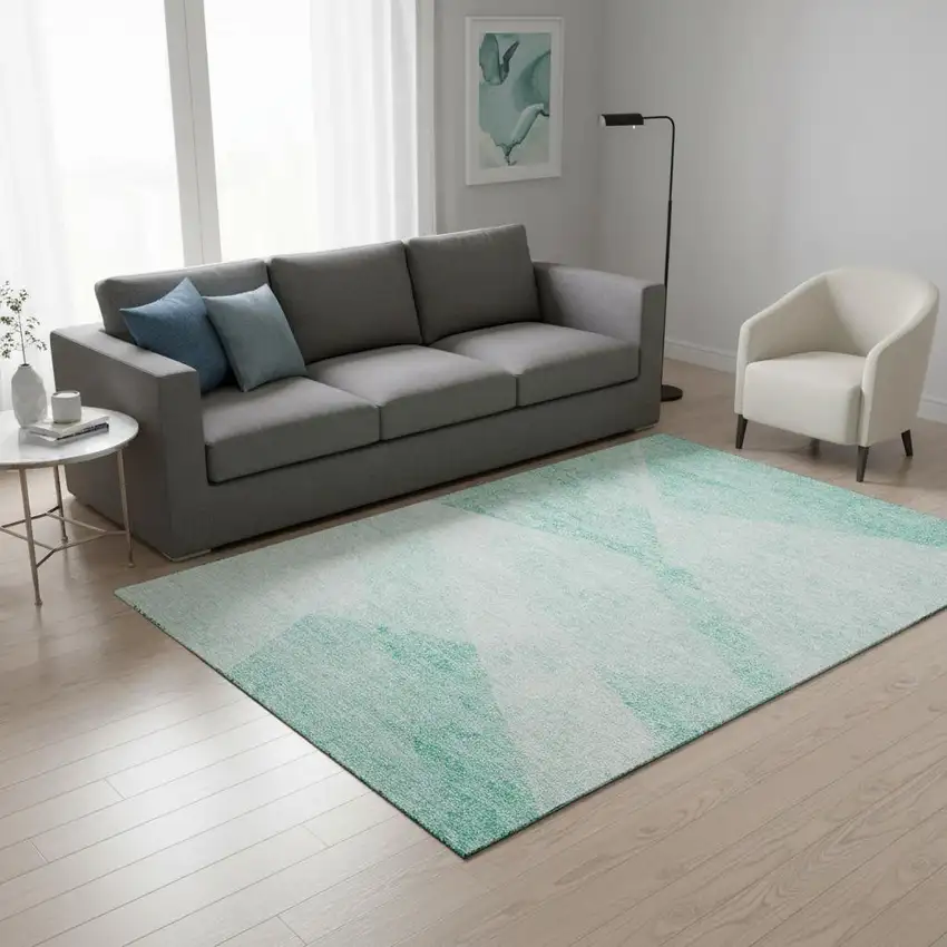 Aqua And Ivory Geometric Washable Area Rug With UV Protection Photo 2