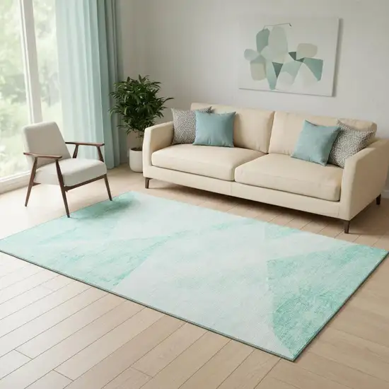 Aqua And Ivory Geometric Washable Area Rug With UV Protection Photo 1