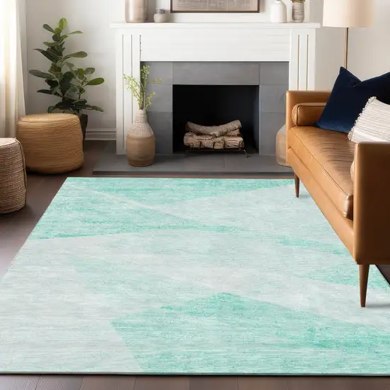 Aqua And Ivory Geometric Washable Area Rug With UV Protection Photo 5