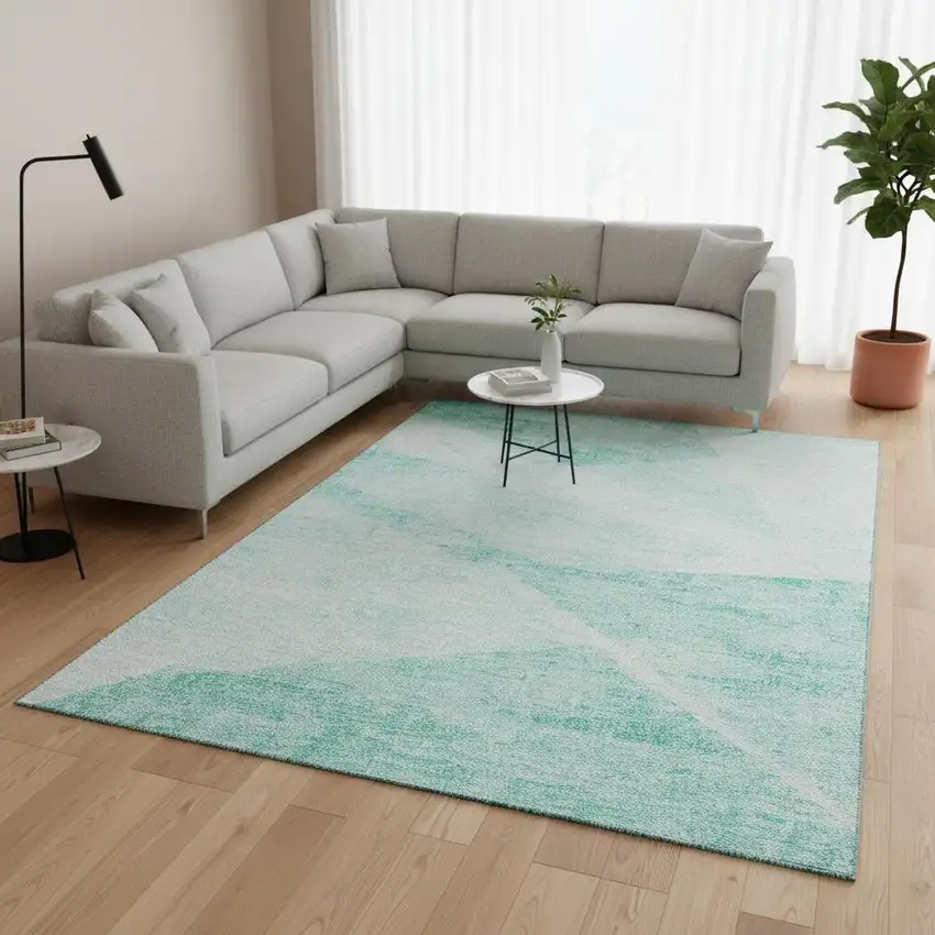 Aqua And Ivory Geometric Washable Area Rug With UV Protection Photo 2