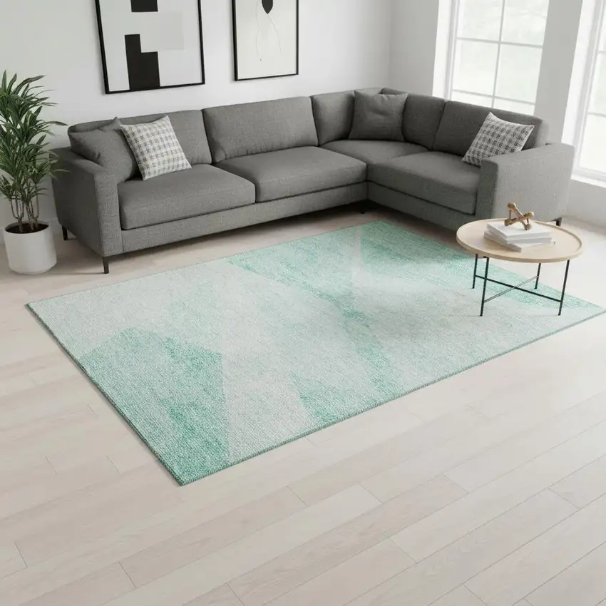 Aqua And Ivory Geometric Washable Area Rug With UV Protection Photo 2