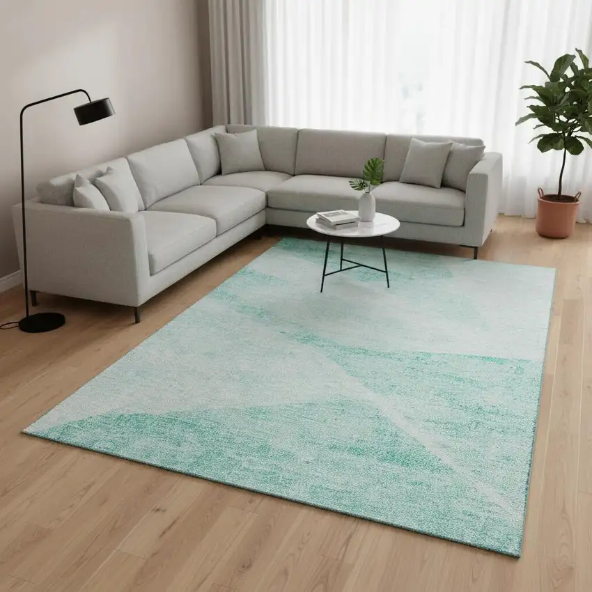 Aqua And Ivory Geometric Washable Area Rug With UV Protection Photo 2