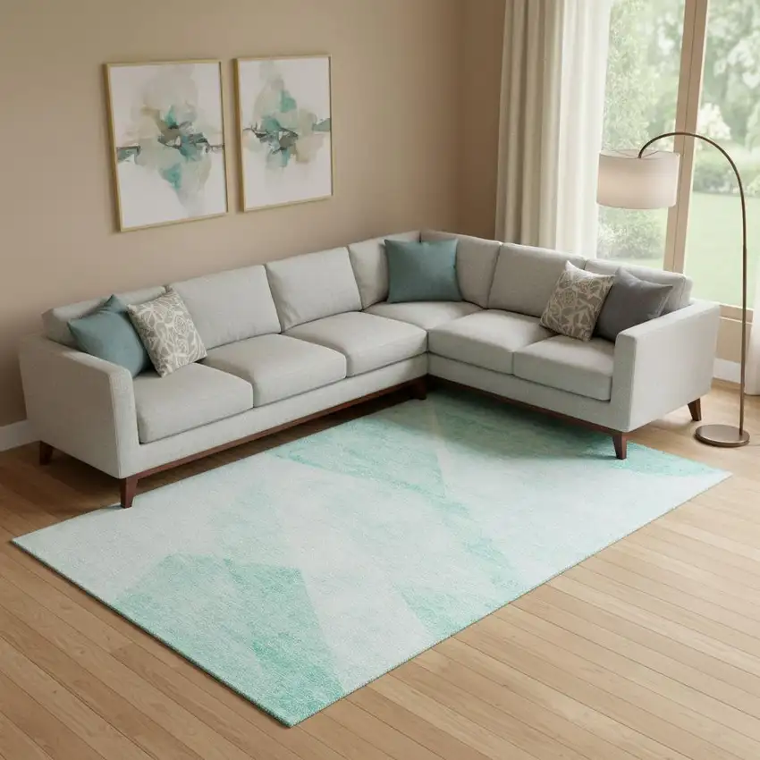 Aqua And Ivory Geometric Washable Area Rug With UV Protection Photo 1