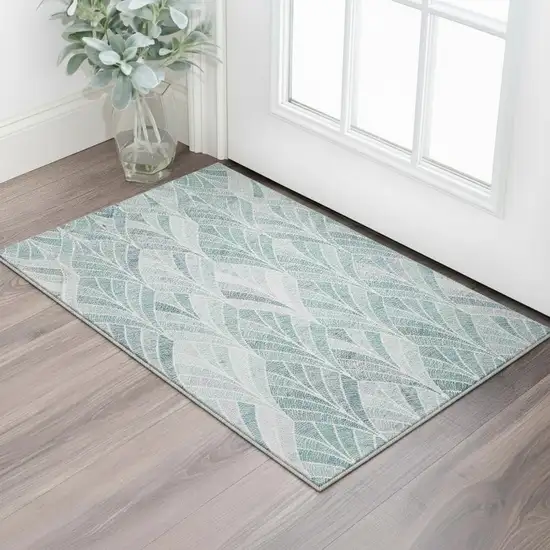 Aqua And Ivory Geometric Washable Area Rug With UV Protection Photo 2
