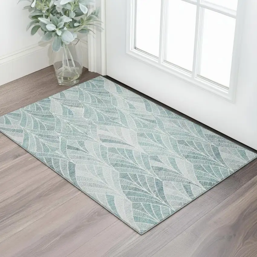 Aqua And Ivory Geometric Washable Area Rug With UV Protection Photo 1