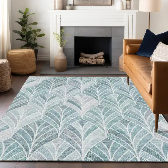Aqua And Ivory Geometric Washable Area Rug With UV Protection Photo 6