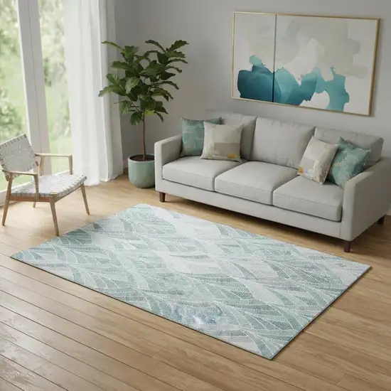 Aqua And Ivory Geometric Washable Area Rug With UV Protection Photo 1
