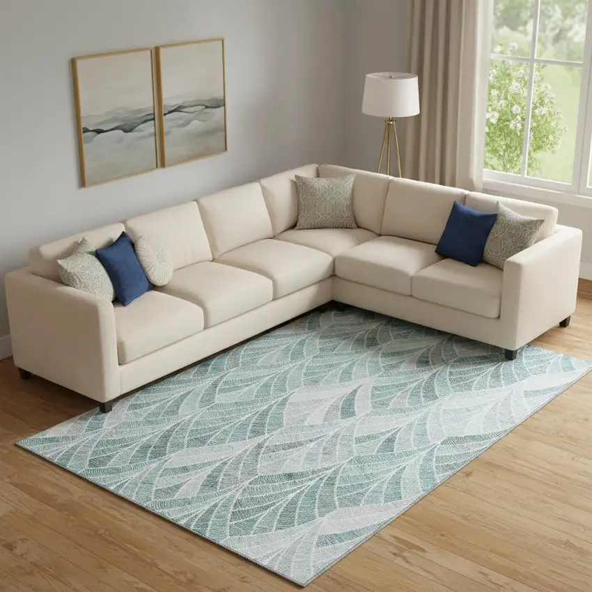 Aqua And Ivory Geometric Washable Area Rug With UV Protection Photo 1