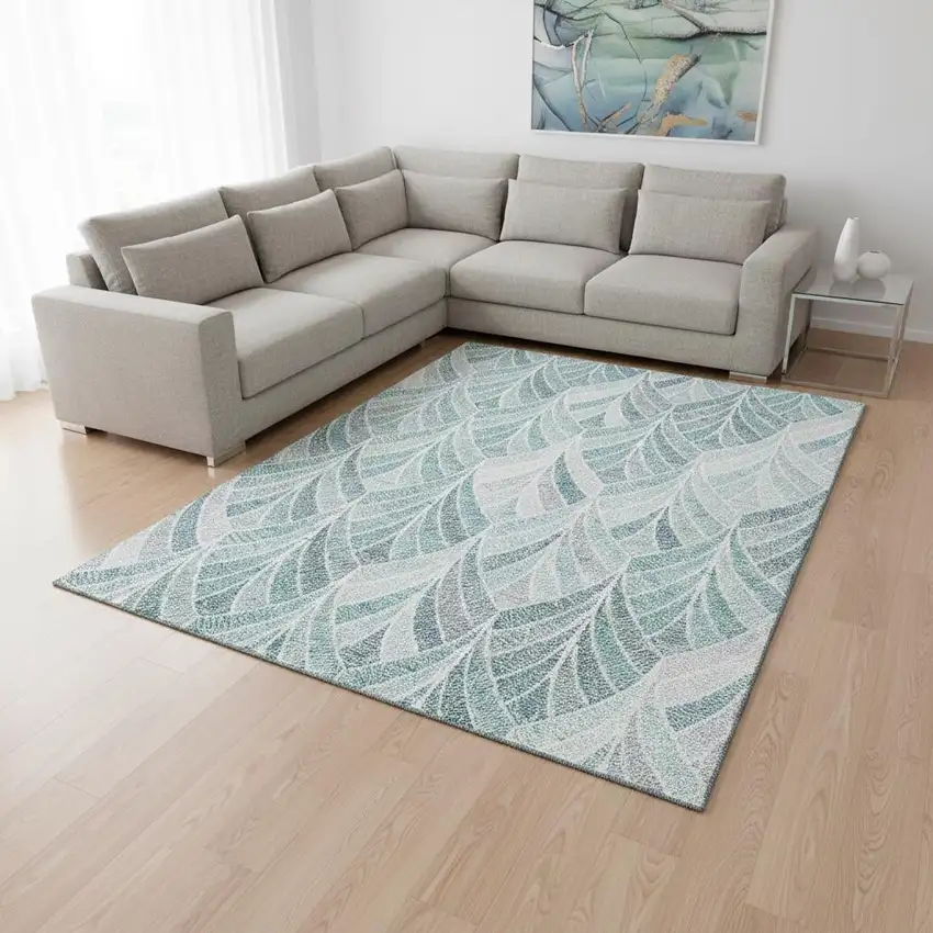 Aqua And Ivory Geometric Washable Area Rug With UV Protection Photo 2