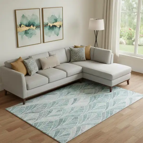 Aqua And Ivory Geometric Washable Area Rug With UV Protection Photo 1