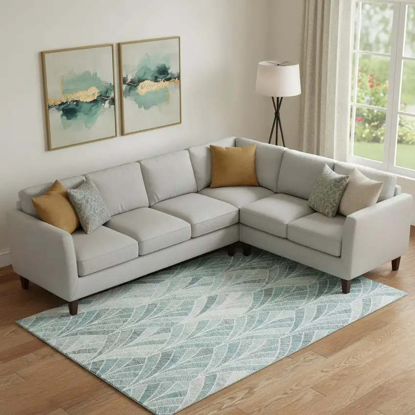 Aqua And Ivory Geometric Washable Area Rug With UV Protection Photo 1