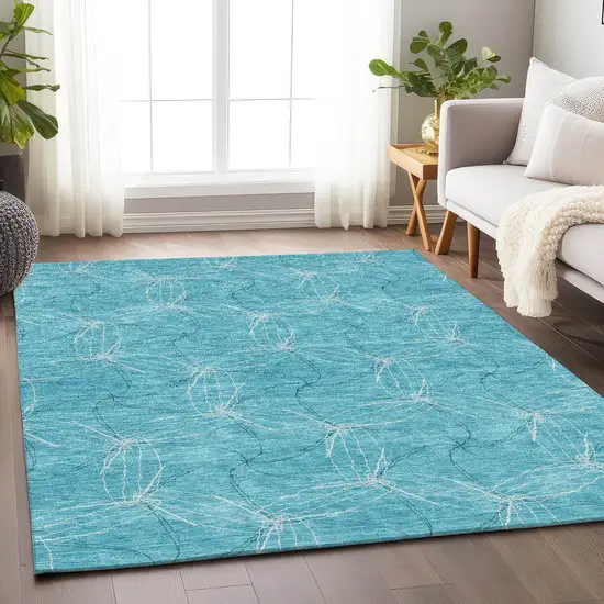 Aqua And Ivory Geometric Washable Area Rug With UV Protection Photo 4