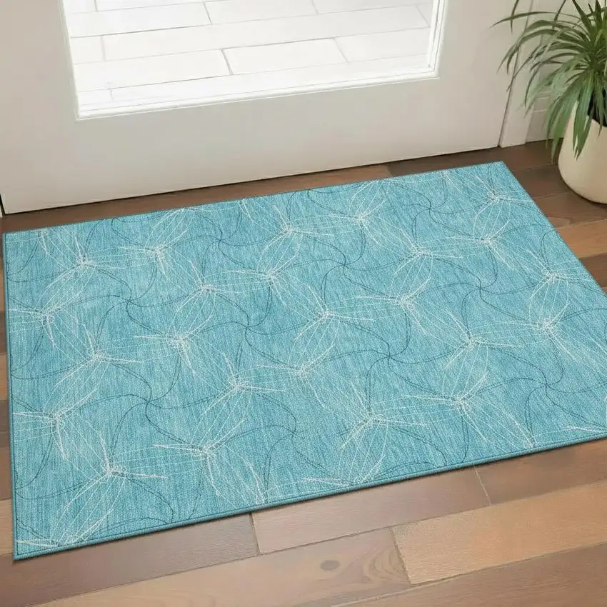 Aqua And Ivory Geometric Washable Area Rug With UV Protection Photo 2