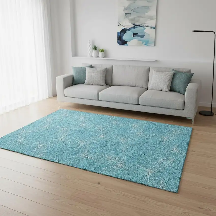 Aqua And Ivory Geometric Washable Area Rug With UV Protection Photo 1