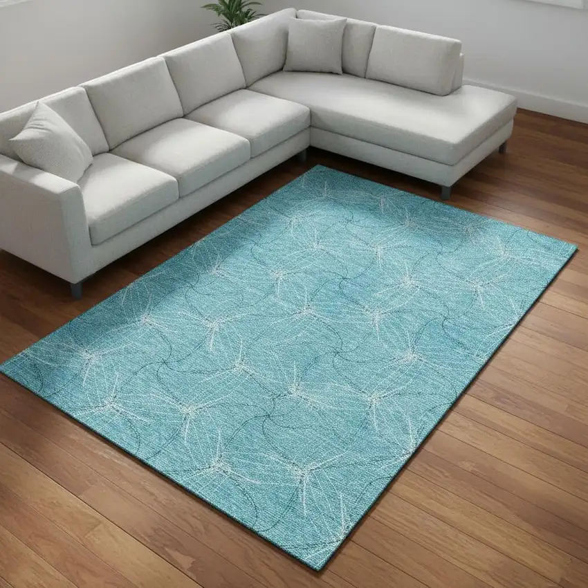 Aqua And Ivory Geometric Washable Area Rug With UV Protection Photo 2