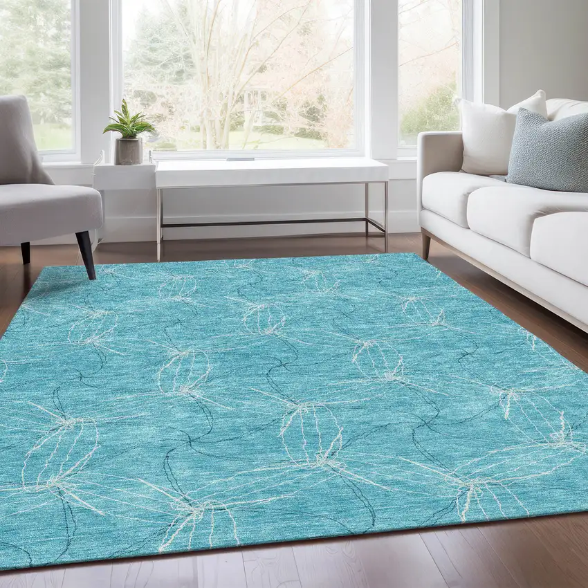 Aqua And Ivory Geometric Washable Area Rug With UV Protection Photo 5