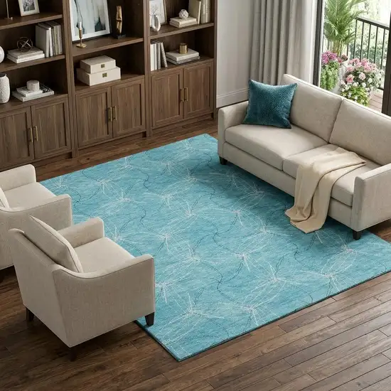 Aqua And Ivory Geometric Washable Area Rug With UV Protection Photo 1