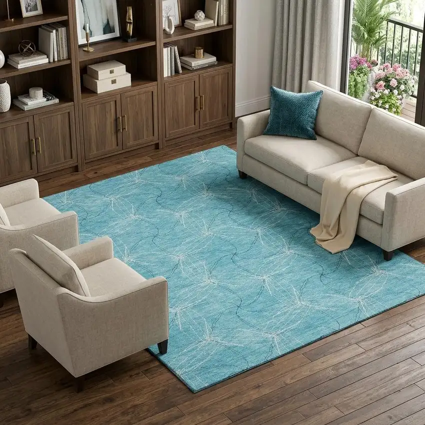 Aqua And Ivory Geometric Washable Area Rug With UV Protection Photo 1