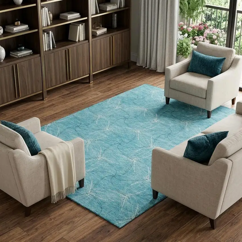 Aqua And Ivory Geometric Washable Area Rug With UV Protection Photo 1