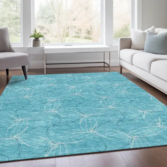 Aqua And Ivory Geometric Washable Area Rug With UV Protection Photo 5