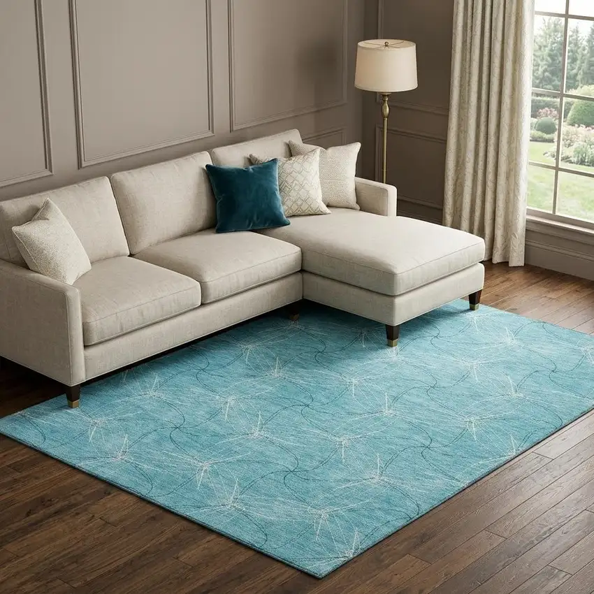 Aqua And Ivory Geometric Washable Area Rug With UV Protection Photo 1