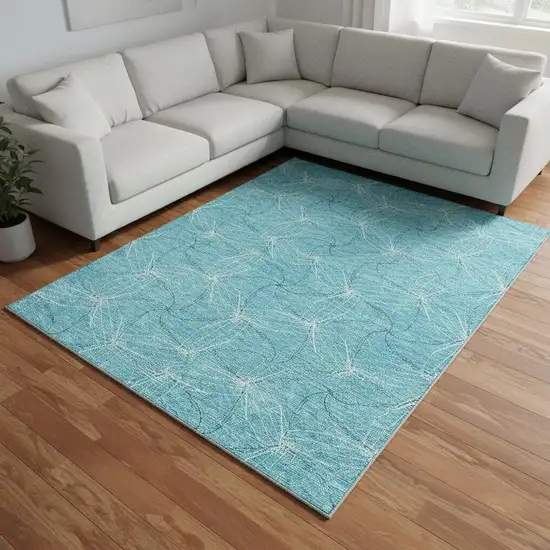 Aqua And Ivory Geometric Washable Area Rug With UV Protection Photo 2