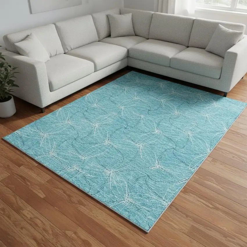 Aqua And Ivory Geometric Washable Area Rug With UV Protection Photo 2
