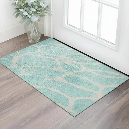 Aqua And Ivory Geometric Washable Area Rug With UV Protection Photo 2